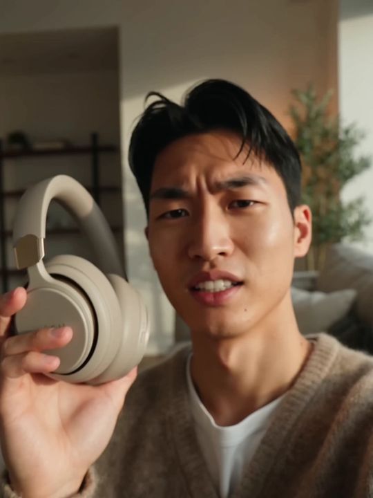 A presenter holding a pair of headphones up to the camera: the Selfie testimonial Style